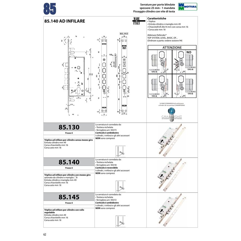 MOTTURA 85.145 SERRATURA A CILINDRO EUROPEO PER PORTA BLINDATA AD