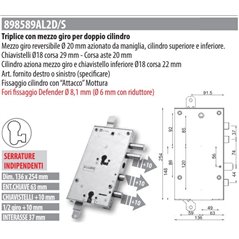 MOTTURA 89589AL2 SERRATURA RICAMBIO ALLMET DOPPIO CILINDRO CHIAVISTELLI PROLUNGATI